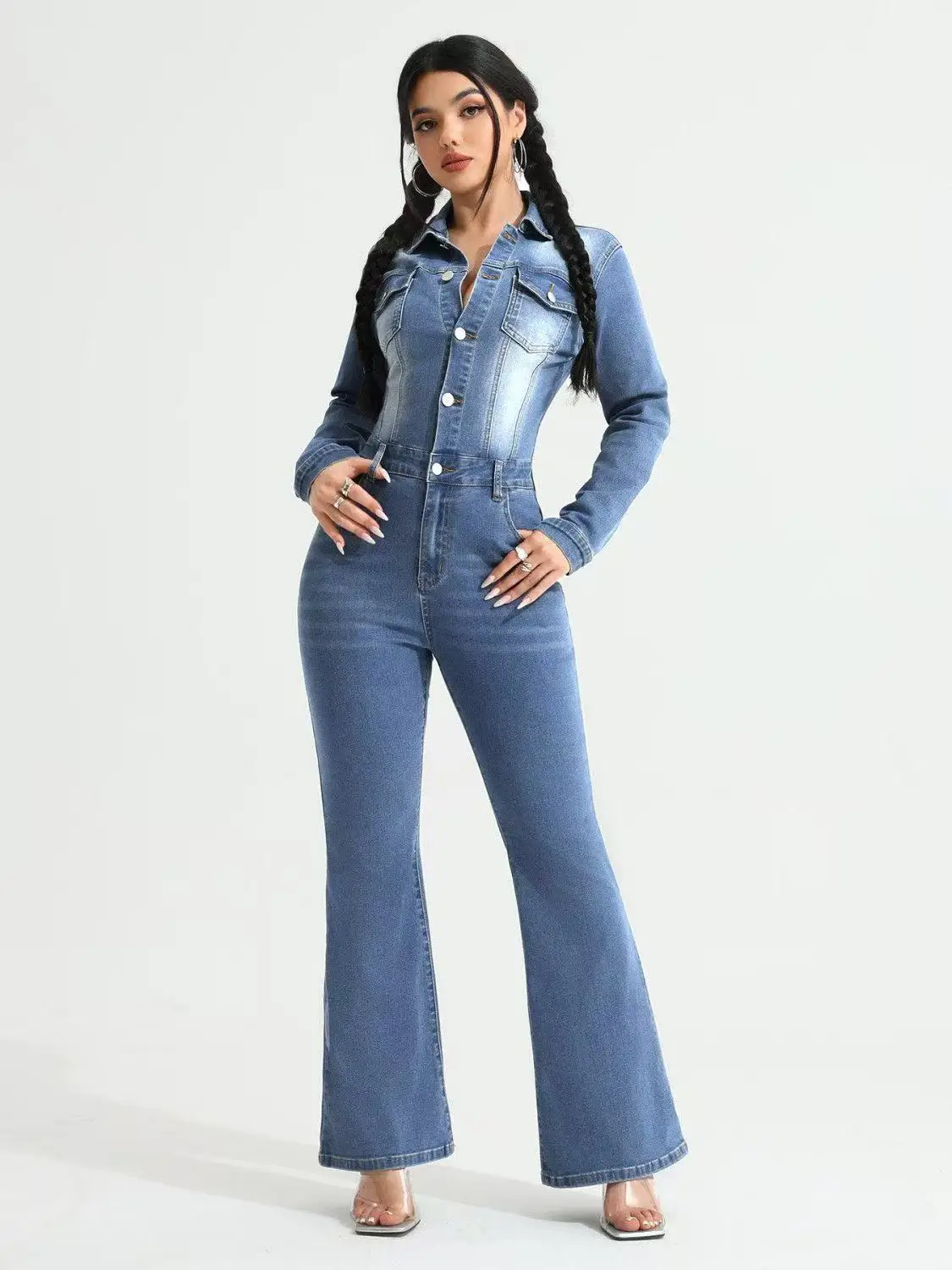 Women's Denim Jumpsuit 2025 - High Waisted Slim Fit Flared Romper, Stretchy Bohemian Chic One Piece Jeans for Ladies