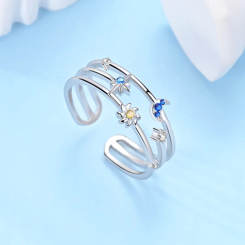 925 فضة البحر الأزرق الكنز غير محدود حبل والقوس و الشمس القمر ستار الزركون حلقة مفتوحة السيدات رومانسية مجوهرات اكسسوارات #5