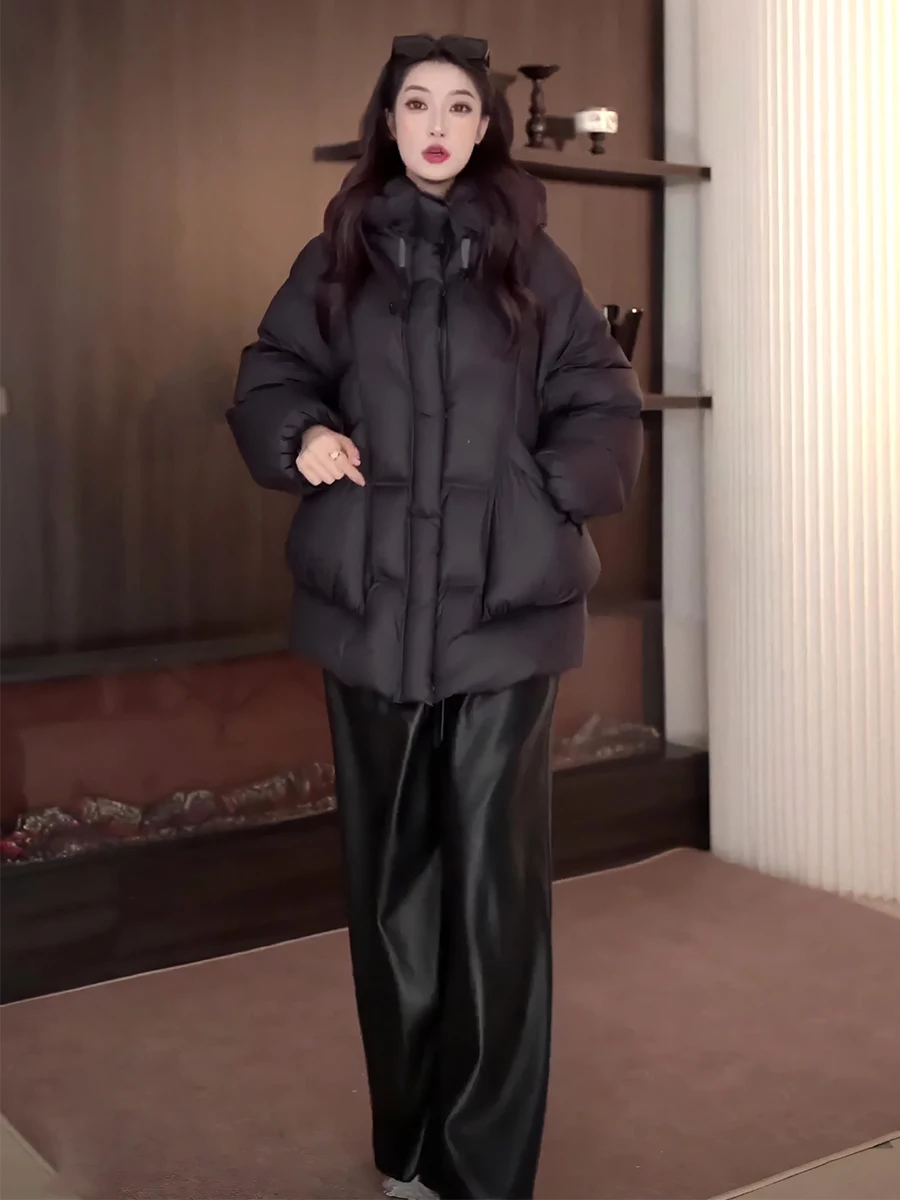 

Women's Thiened White Du down Puffer Jaet Winter 2025 New Sle Cloud Foam Hat Design Warm Coat Sweet Sle Regular Length