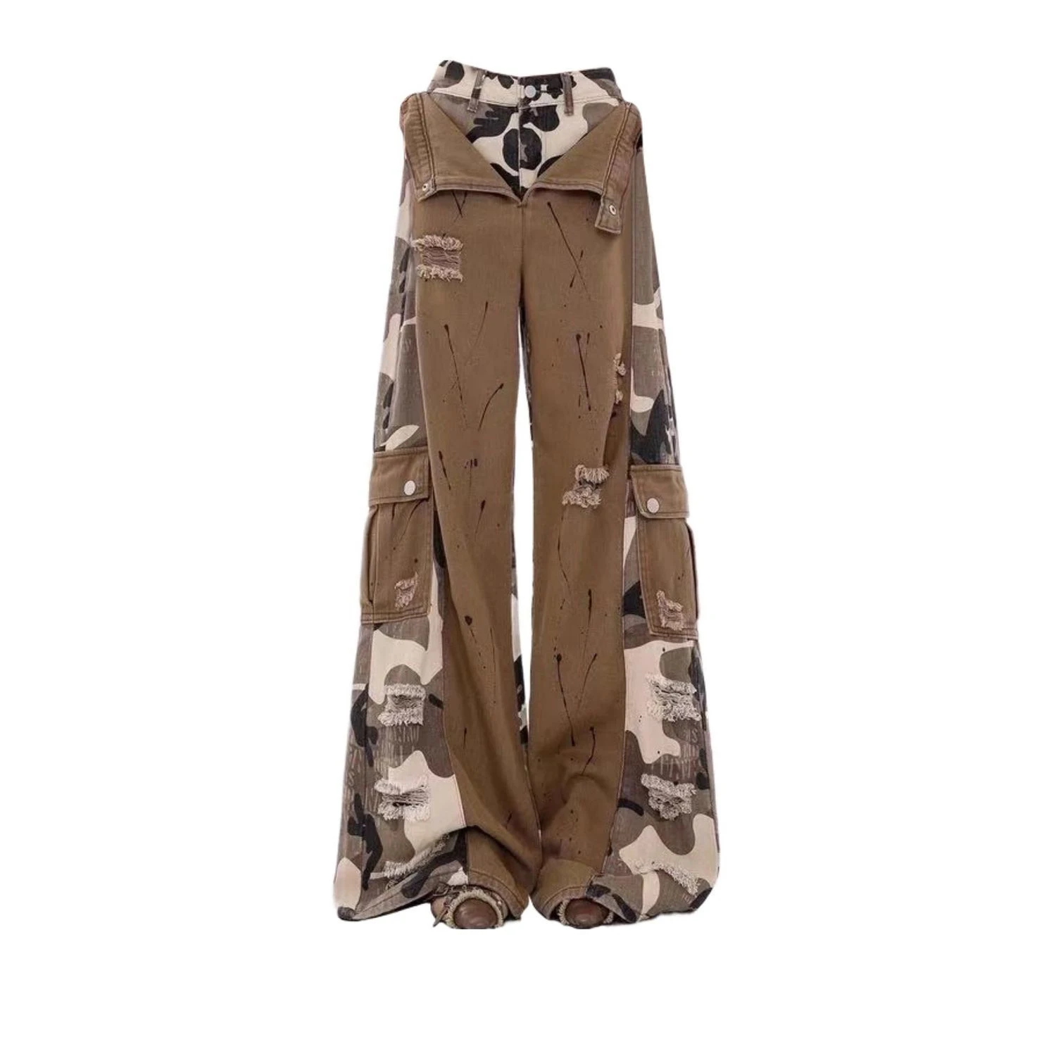 two-piece splicing jeans women's autumn camouflage tooling sweet cool personality trendy babes wide-leg mopping pants