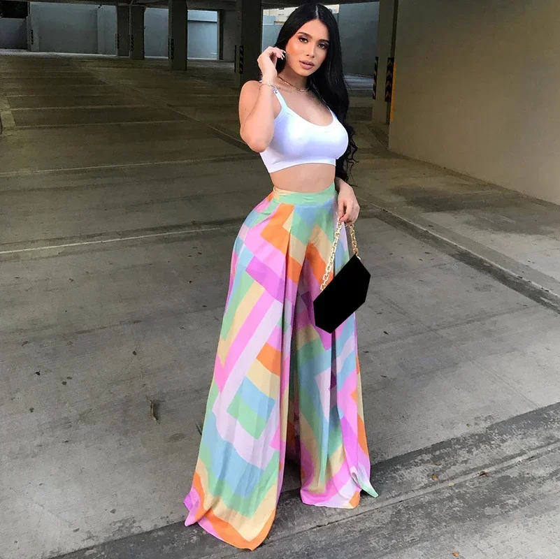 

GUWU Elegant Women Colorful Striped High Waist Loose Wide Leg Pants Beach Boho Holiday Casual Loose Trousers