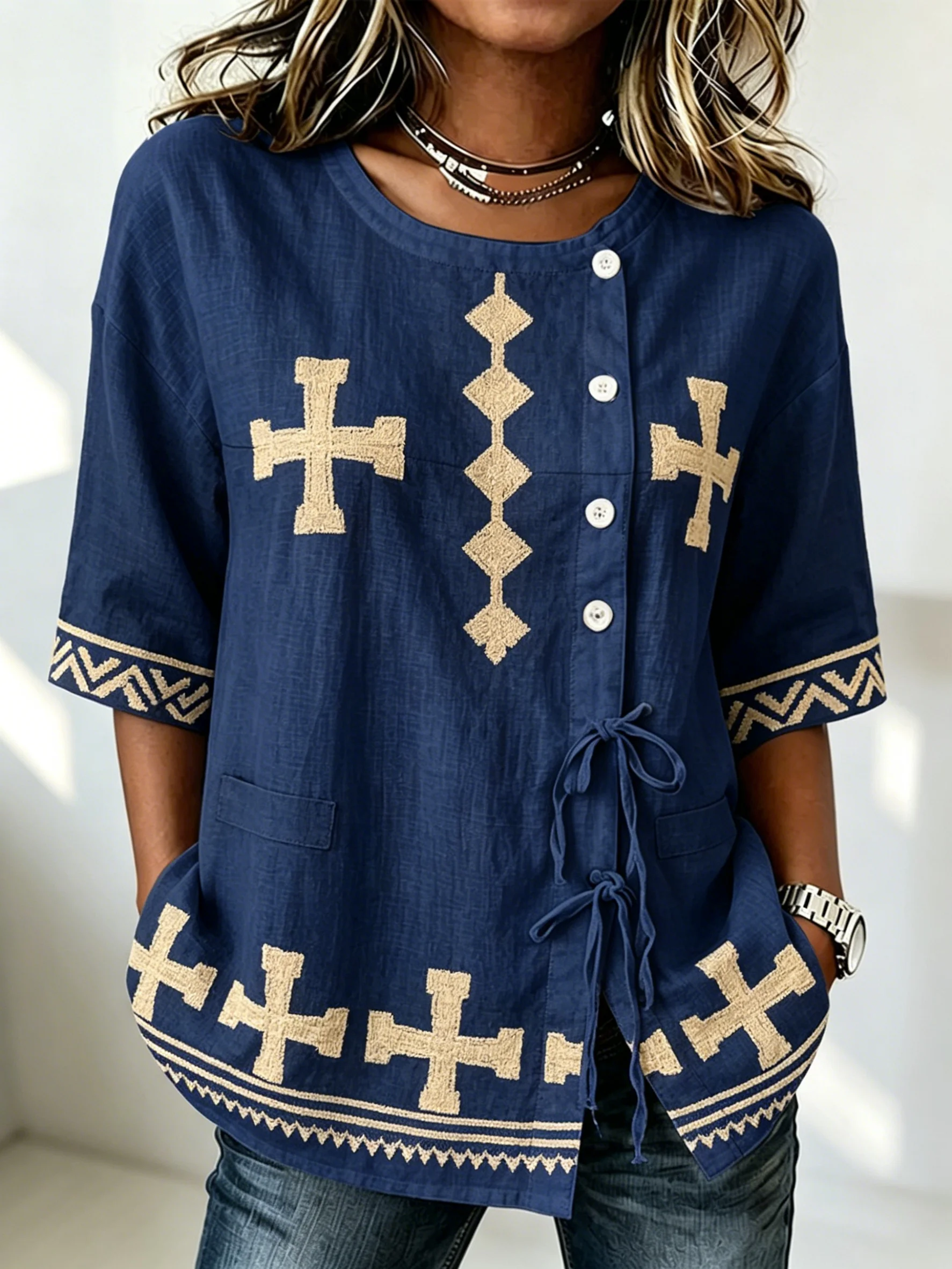 

Women's Boho Tribal Cross Embroidery Button & Tie Front Blouse, Casual Stylish Top for Spring Summer Daily & Versatile Wear