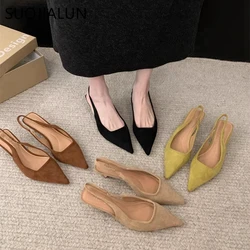 SUOJIALUN 2024 Spring New Women Sandal Fashion Pointed Toe Shallow Slip On Dress Mules Shoes Thin Low Heel Slingback Sandal