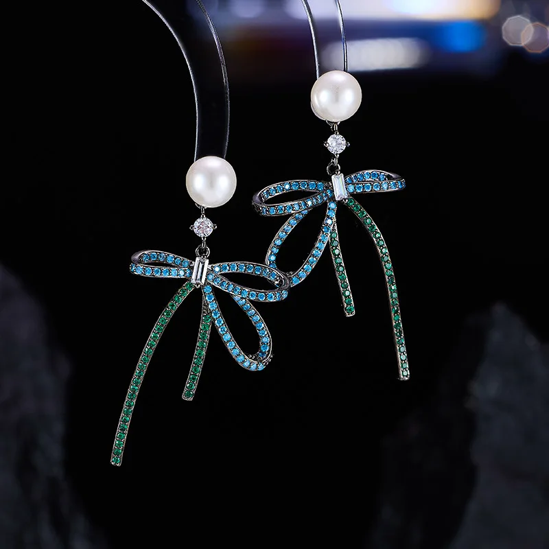 

S925 Silver Needle Cubic Zirconia Pearl Earrings with Long Ribbon Bow Luxury Retro Earrings Elegant Jewelry Accessory LYA180