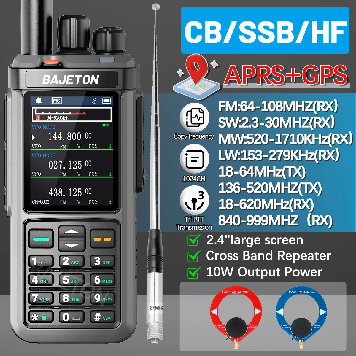 BAJETON BJ-98PLUS APRS نظام تحديد المواقع لاسلكي تخاطب متعدد الموجات 10 واط FM AM SSB HF عبر النطاق مكرر 2.4 "شاشة كبيرة على الموجات القصيرة ل RT-880