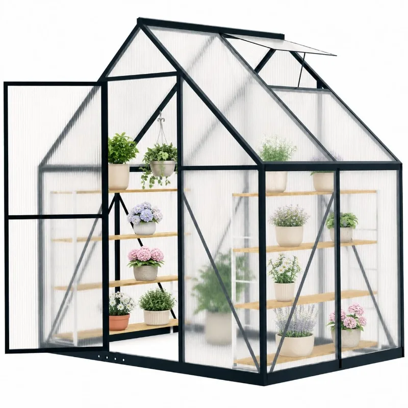 Outdoor Polycarbonate Greenhouse, 6x4 FT Greenhouses for Outdoors, Aluminum Frame Plant Green House with Locking Door &