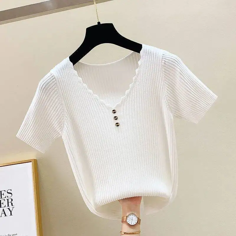 Women Sweater Summer Korean Fashion Style Top Short Sleeve New In Loose V Neck Ice Silk  Female Clothes 2023