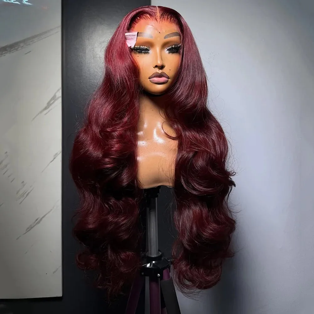 99j Burgundy Red Body Wave Lace Front Wigs 13x4 HD Lace Wig Synthetic And Blend Heat Resistant Cheap Wig On Clearance Cosplay