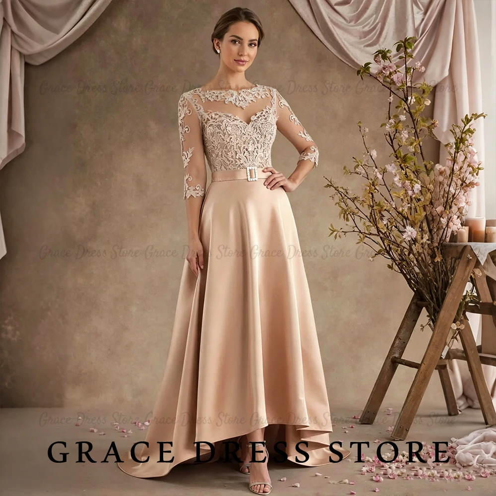 Grace Women's Wedding Party Attire Illusion Lace Satin vestidos de festa 3/4 Sleeve A-Line With Belt Guest Dresses Customized