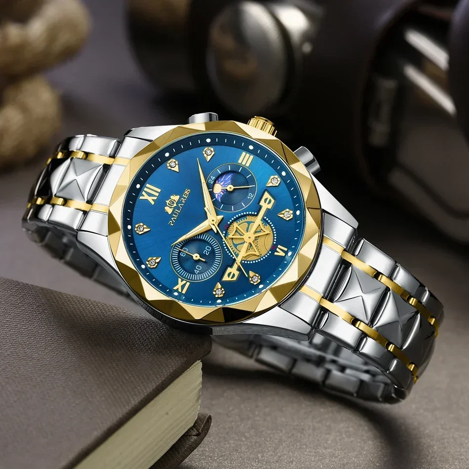 Светящийся хронограф, золотой, синий, зеленый кварцевый Повседневный бриллиантовый корпус, нержавеющая сталь, Reloj Hombre