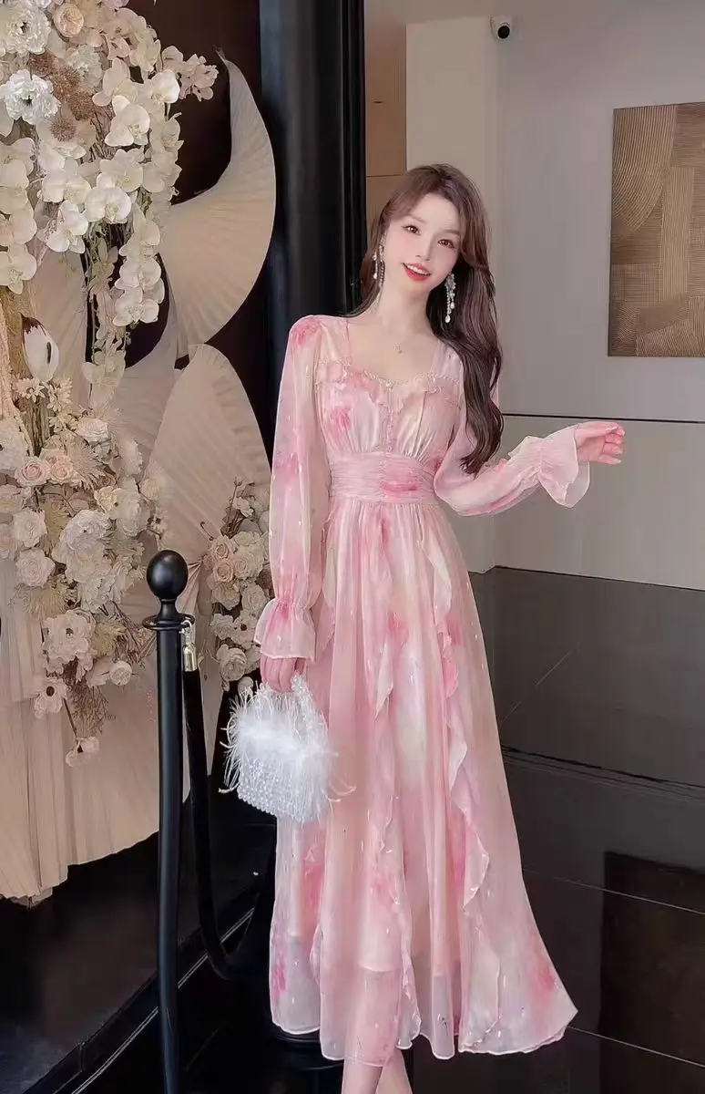 Femmes élégantes imprimé fleuri robe Maxi automne nouveau français Vintage fête d'anniversaire robes femme col en v a-ligne Mujers automne vêtements