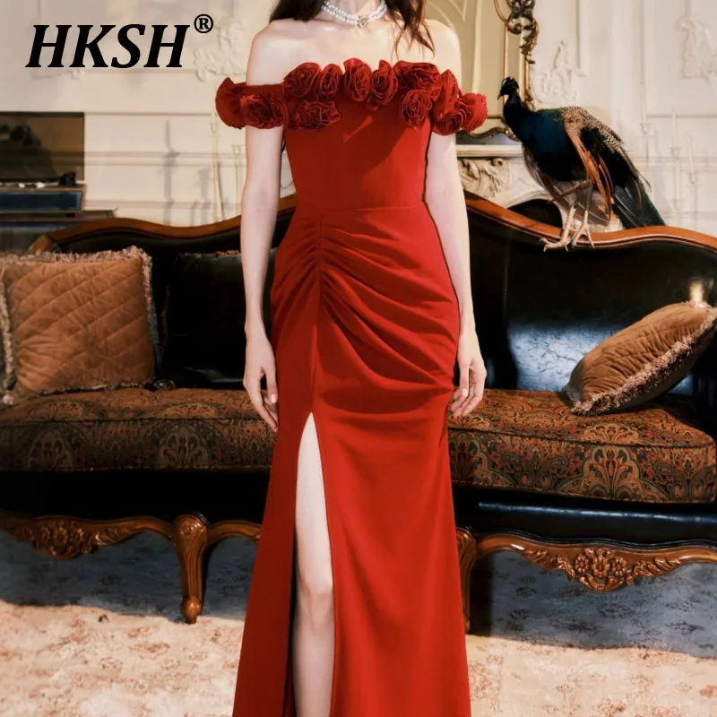 

HKSH Summer New Women Vintage Elegant Trendy Heavy Craft Three-Dimensional Flower Off Shoulder Split Pleated Gown Dresses HK6318