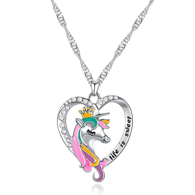 Birthstone Pendant Gift for Girls Unicorn mermaid heart angel Necklace  for Kids Rainbow Unicorn Crystal Jewelry Gift