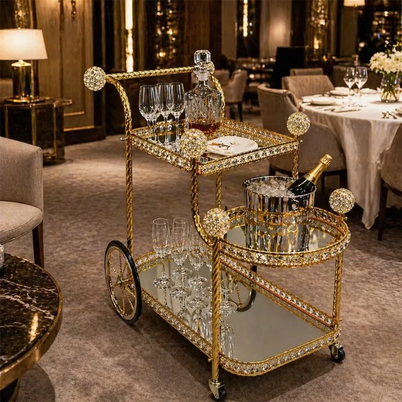 Luxury Mirror Glass Golden Metal Dining Car Hotel Banquet Event Party Wedding Dessert Cart Home Bar Drink Trolley
