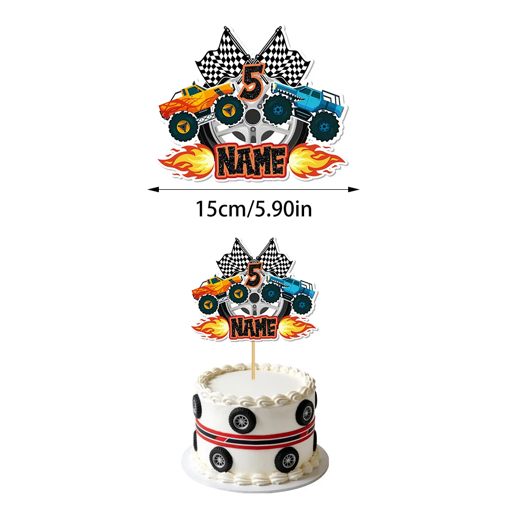 Personalized Monster Truck Birthday Cake Decoration - Customizable Name, Age, Numbers, and Checkered Flag Truck Pattern Cake Decoration, Birthday Party Cake Decoration, Perfect for Monster Truck Sports-Themed Party Cake Decoration, Customizable Cake Decoration