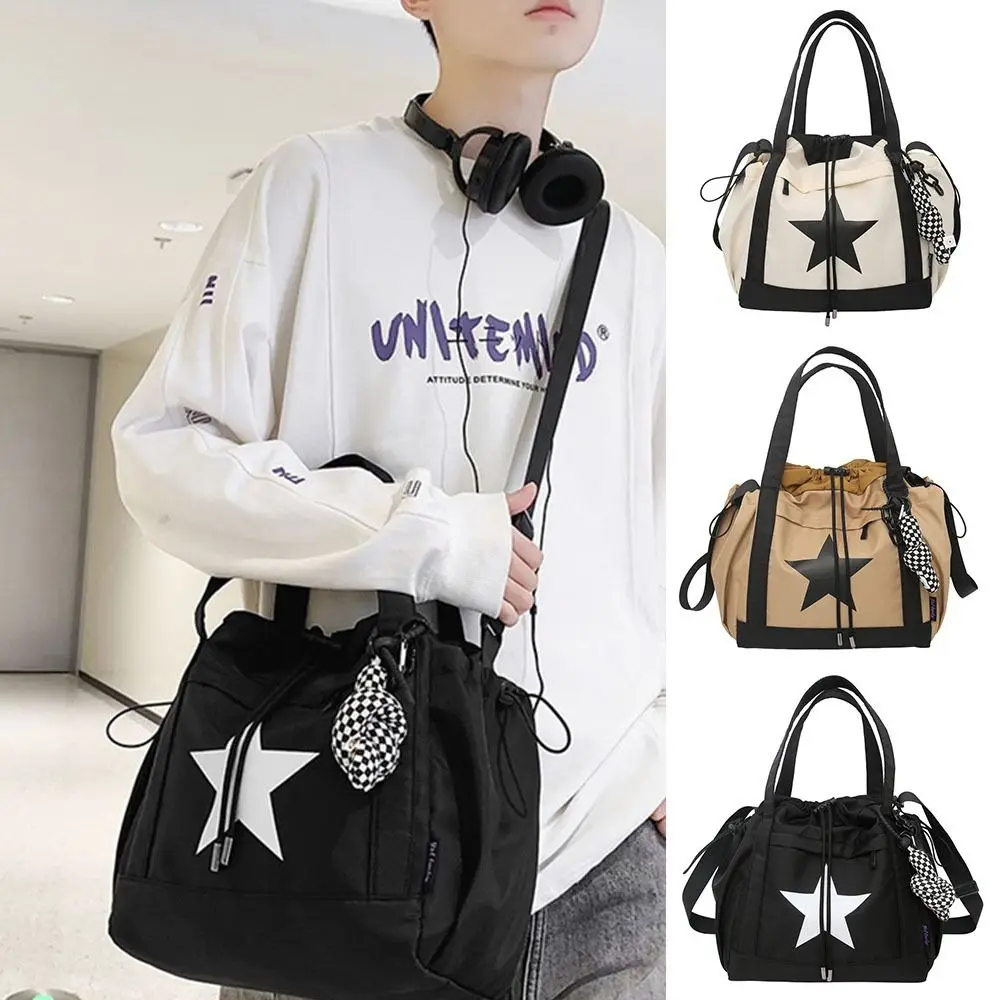 Cool Nylon Large Capacity Shoulder Bag Five-pointed Star Korean Style Star Tote Bag Drawstring Handbag Y2K Crossbody Bag Outdoor