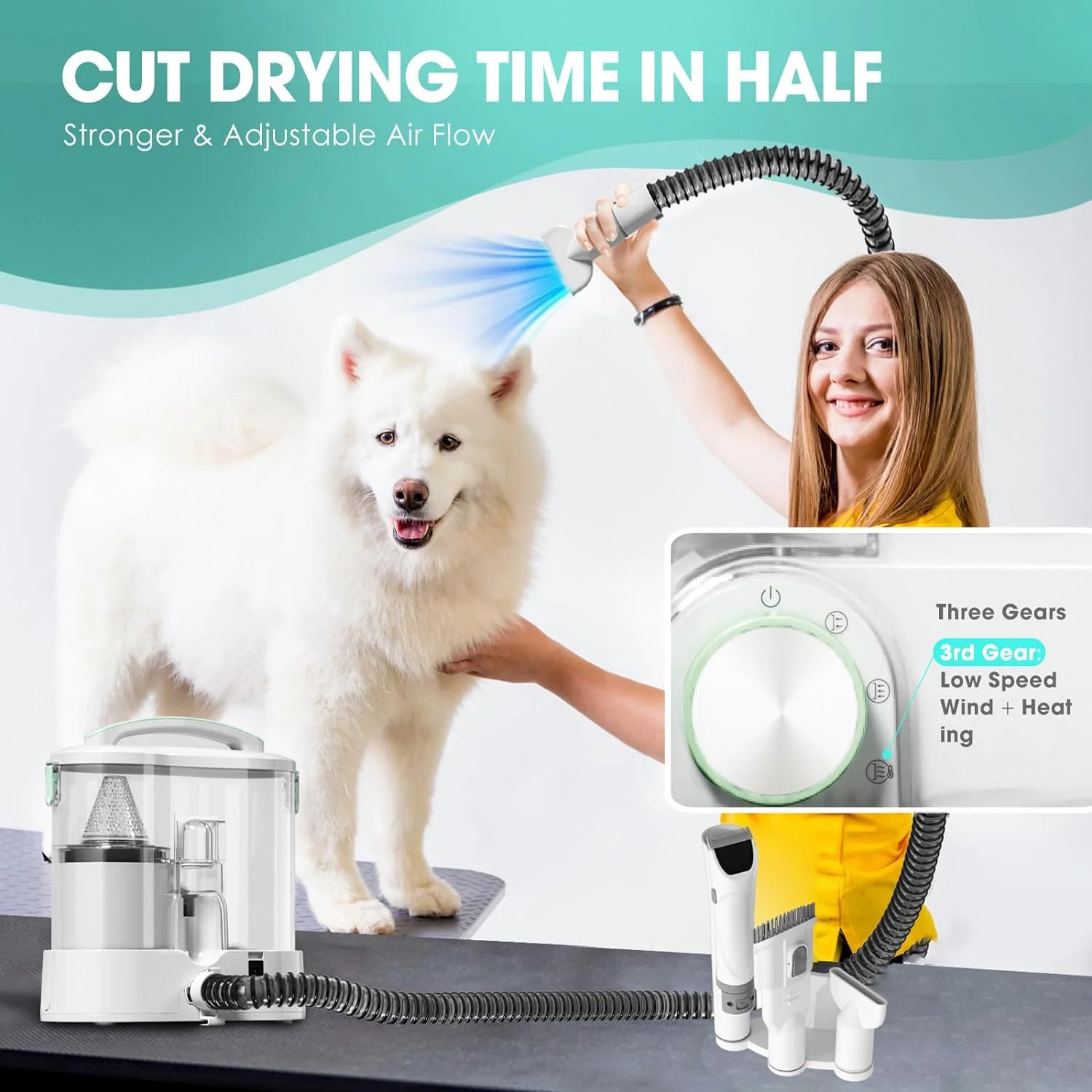 Dog grooming vacuum cleaner with 4 heads for pet grooming. Vacuum brush for shedding grooming dogs and household pet fur