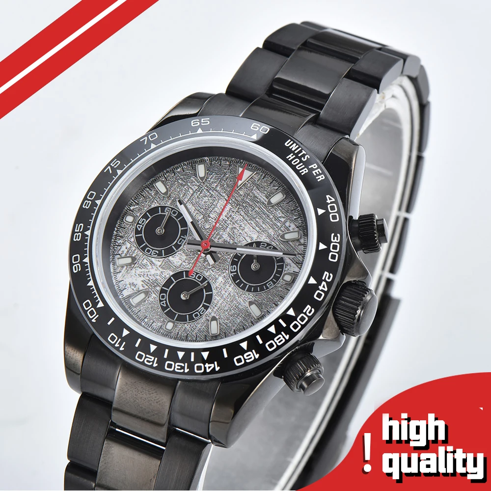 Time Running Second Watch Sapphire 40mm Men's quartz wristwatch Japanese VK63 movement Black stainless steel case