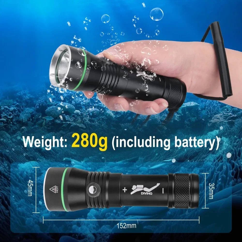 BORUiT 2000LM LED Torcia subacquea Super luminosa P50 IPX8 Torcia impermeabile Subacquea 100M Lanterna per pesca subacquea