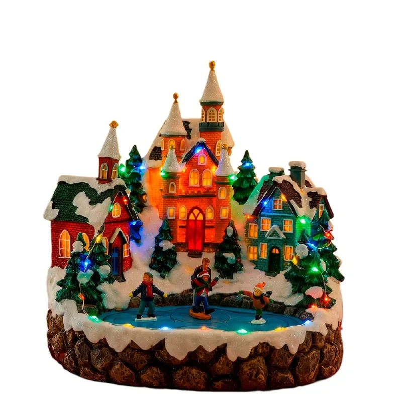 European Christmas House Castle Ice Rink Resin Ornament LED Music Box Christmas House Resin