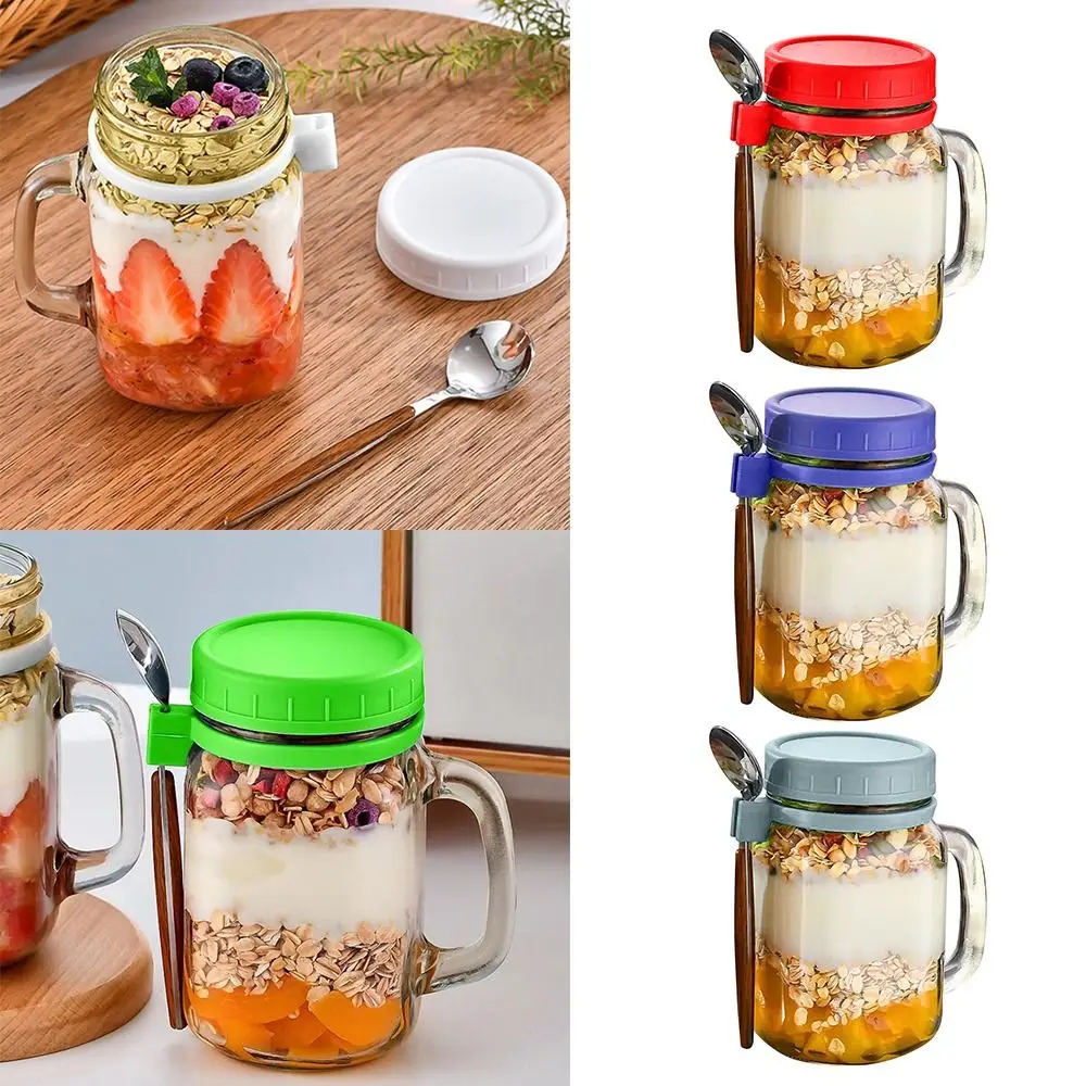 450ml Spoons & Handle with Lids Glass Breakfast Jar Yogurt Pot Oats Container Overnight Oats Jars