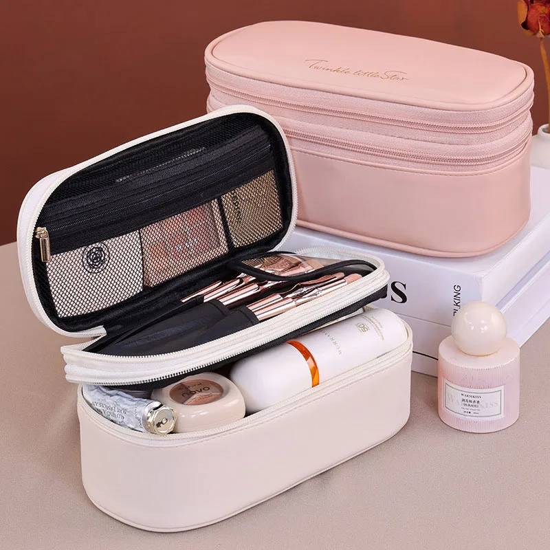 New Large Capacity Double Layer PU Leather Makeup Bag Travel Cosmetic Organizer Toiletry Pouch for Beauty Essentials Women