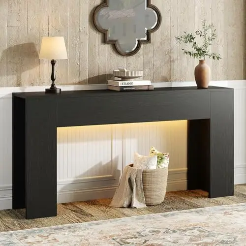63-Inch Long Console Table with RGB LED Lights, Extra Wide and Thick Sofa Table Behind Couch, Farmhouse Entryway Table