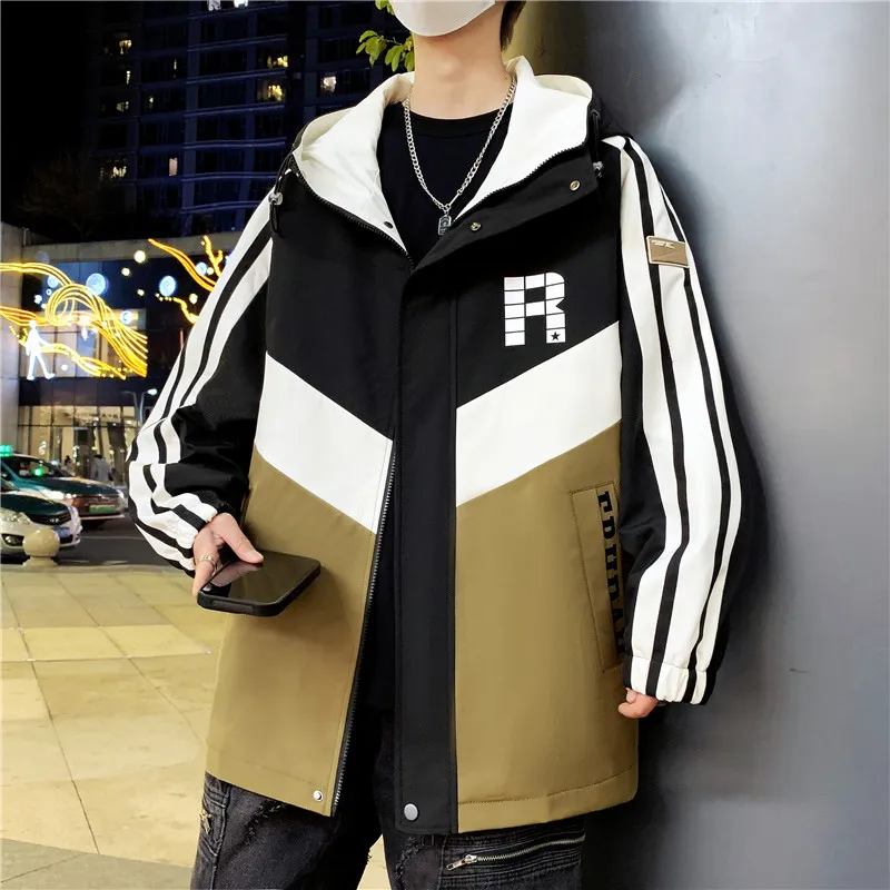 2024 New Men Clothing Men's Jacket Patchwork Fashion Striped Hooded Coat Outdoor Male Clothing Sports Zipper Casual Men Top