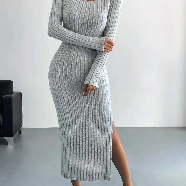 2024 autumn and winter new long sleeved round neck slit knitted long style fashionable and casual dress for women