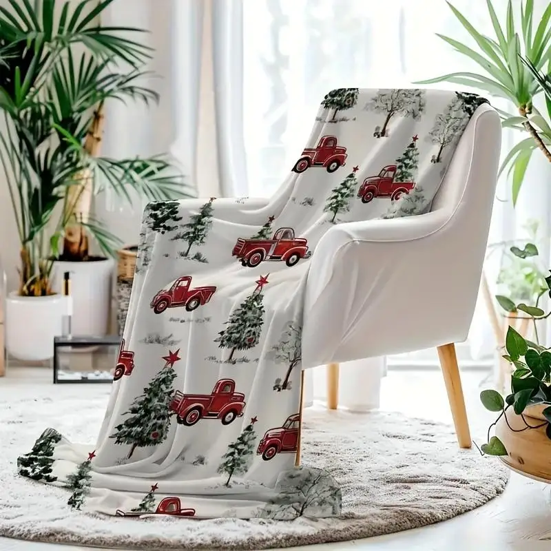 Manta temática navideña, manta suave y cálida con decoración de temporada con estampado de árbol y camión rojo, sofá de dormitorio festivo para todas las estaciones