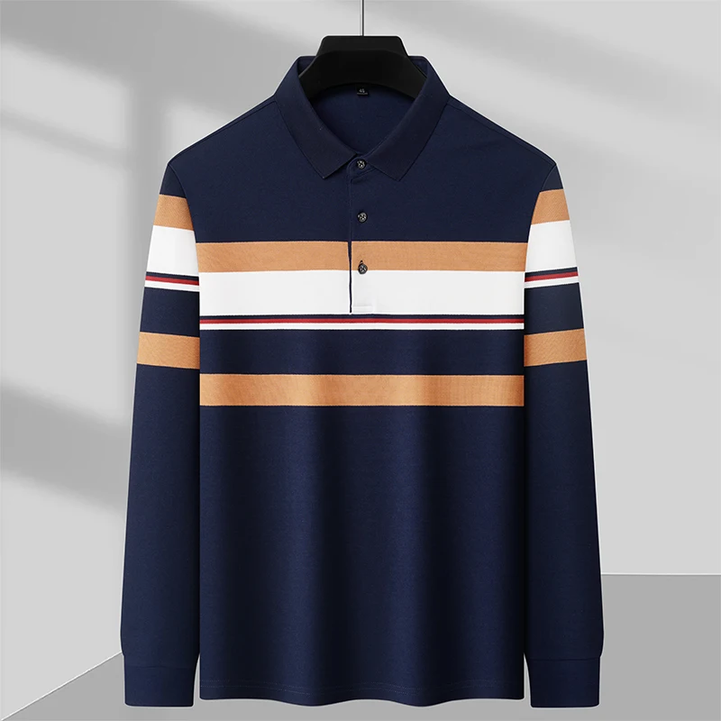 

High end brand men's long sleeved polo shirt 2023 Spring and Autumn New 100% cotton business casual fashion stripe T-shirt