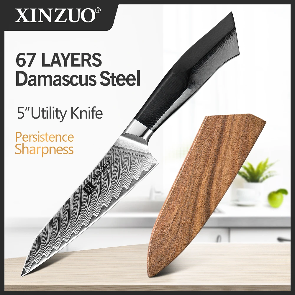 XINZUO 5\'\' Utility Knife High Carbon Damascus Steel Kitchen Knives Strong Hardness Kitchen Knives G10 Mosaic Brass Rivet Handle