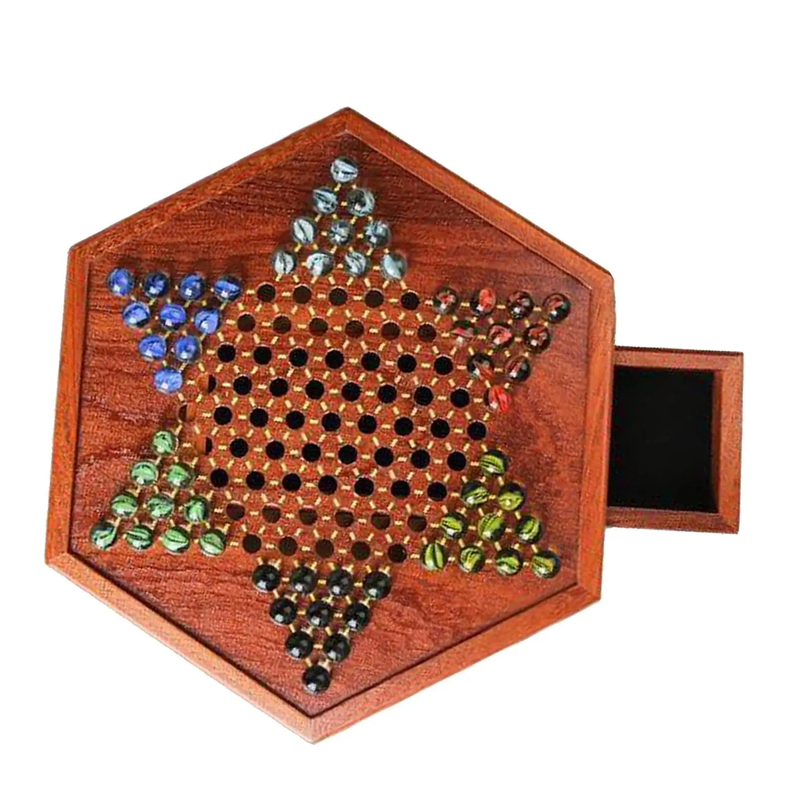 Chinese Checkers, Wooden Game Set, Built-in Storage Drawers, 6 Multi-Colored Marble Set, 14mm