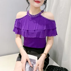 2024 New Summer European Clothes T-Shirt Fashion Sexy O-Neck Off Shoulder Shiny Diamonds Women Tops Ruffles Sleeve Tees 46064