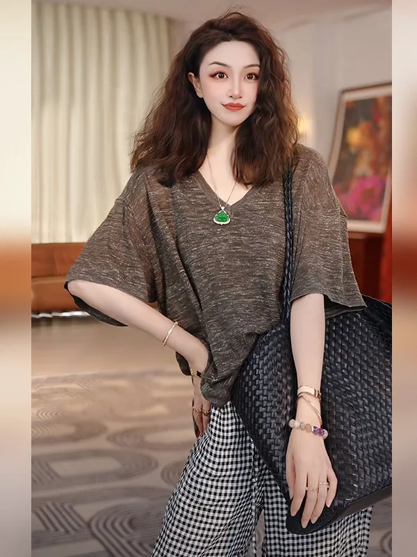 

Linda Sister High-End ort Sve Knitted Sweater Versatile Faionable Summer New Arrival Regular Fit Knitted Pure Color