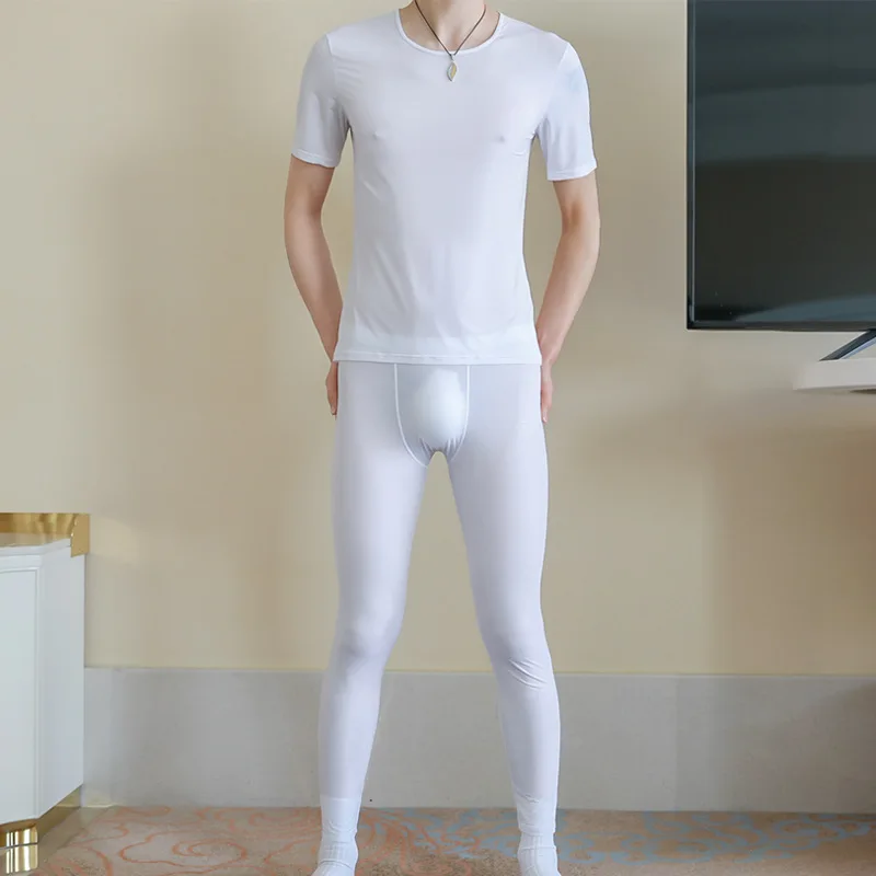 Camisa inferior de seda de hielo para hombre, Conjunto de camiseta deportiva de manga corta y pantalones largos, ligera y Lisa, alta elasticidad, transparente, para el hogar