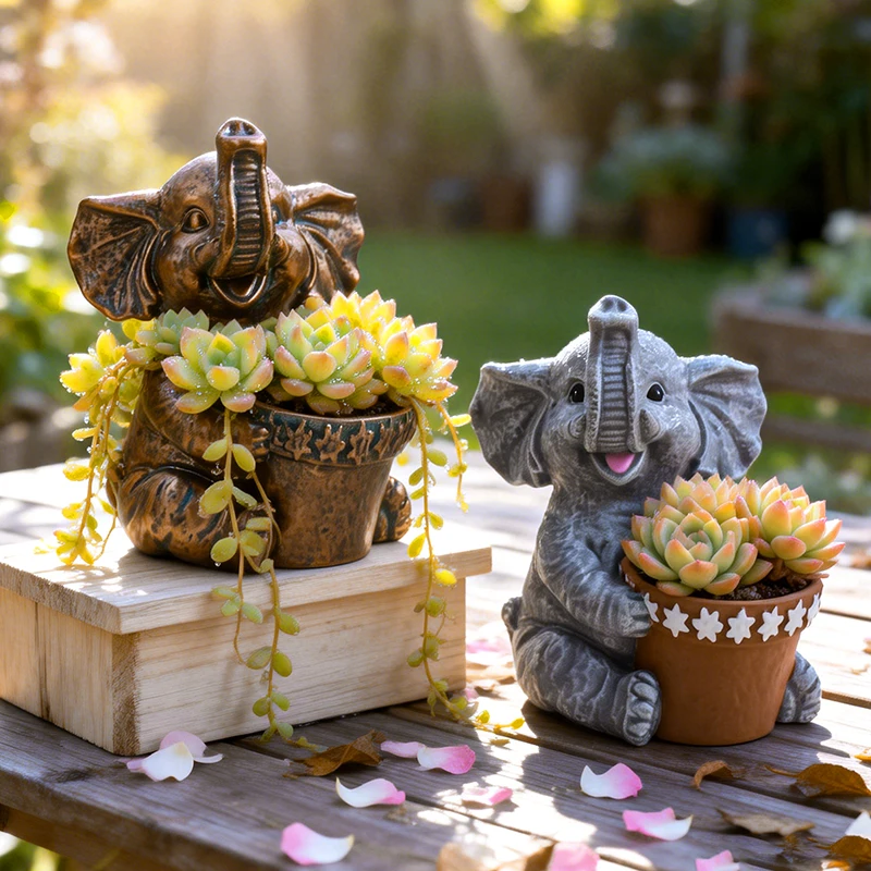 Vintage Elephant Planter Statue Holding Pot for Succulent Flower Indoor Outdoor Patio Garden Home Decor Unique Housewarming Gift