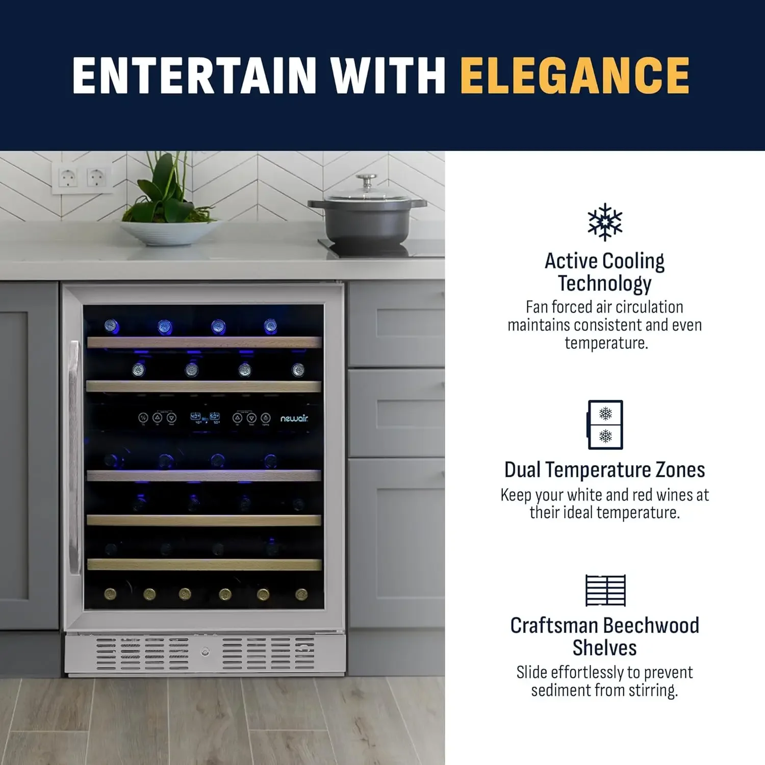 24" Wine Cooler, 46 Bottle Dual Zone Wine Refrigerator, Built-in Small Wine Fridge | Stainless Steel Mini Fridge with Rev