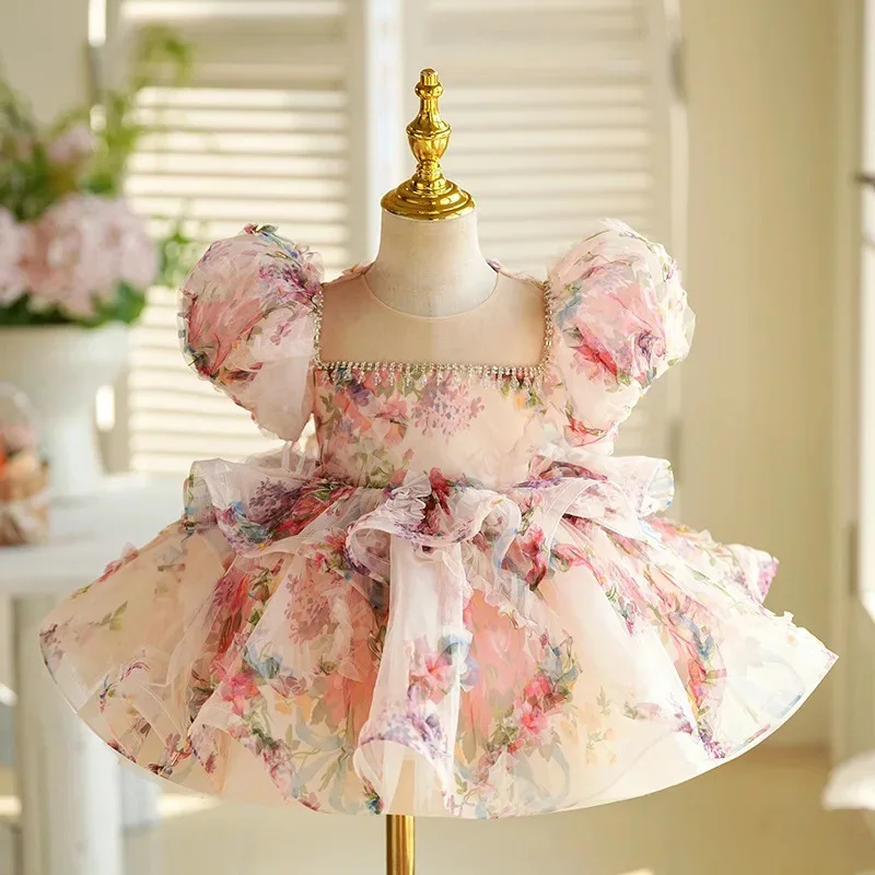 Kids Bubble Sleeve Vintage Flower Print Party Dress Sweet Princess Dress Toddler Girls Tulle Dresses Luxury Holiday Girl Clothes