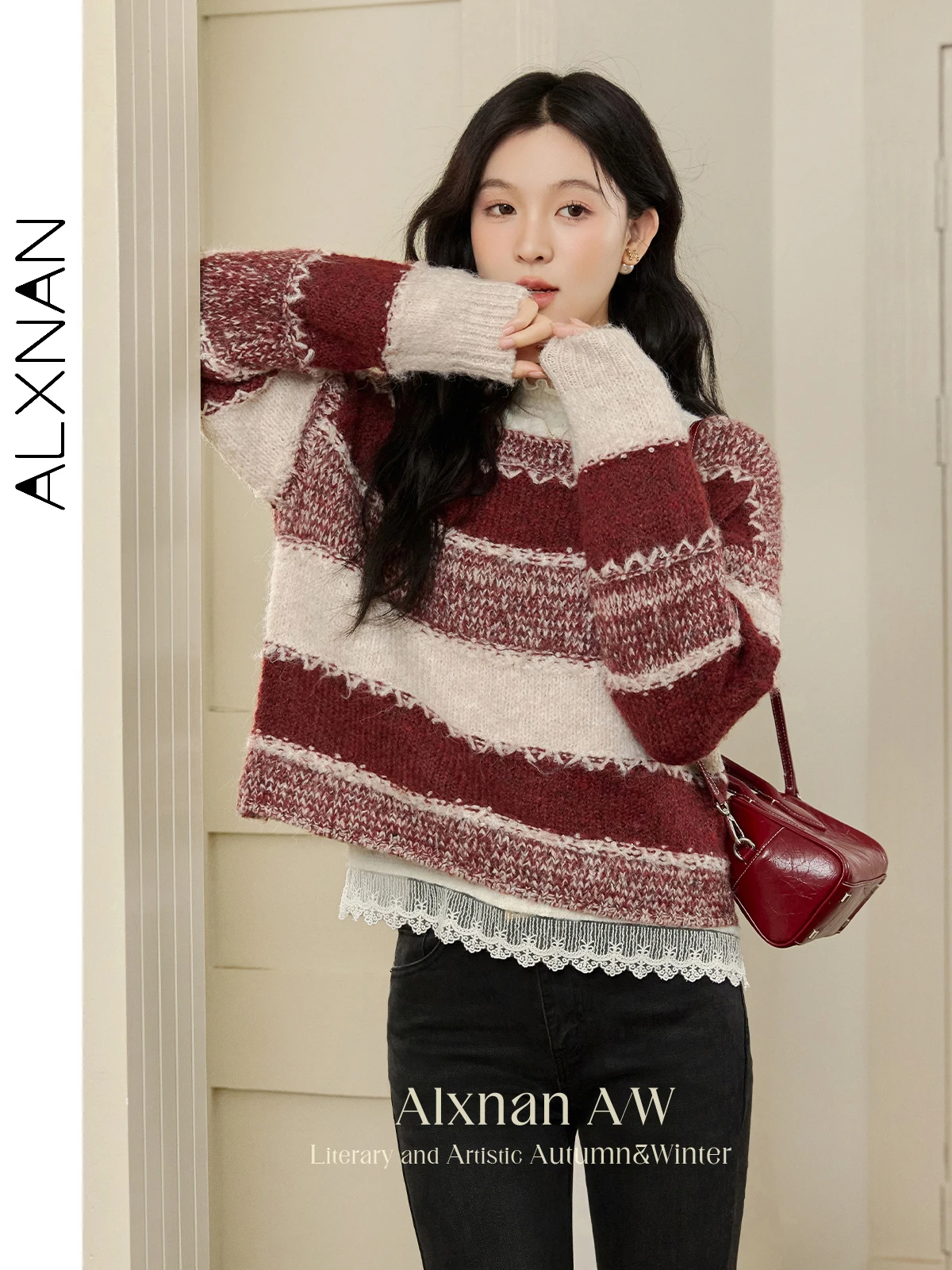 ALXNAN 여성용 스트라이프 스웨터 라운드 칼라 따뜻한 루즈핏 긴팔 풀오버 2025 가을 겨울 캐주얼 니트 탑 L50927