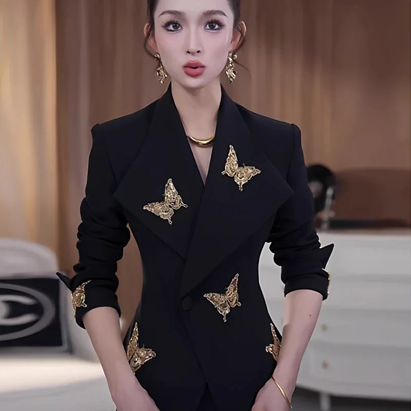 

Женский костюмный пиджак высокого качества, черный, весна-осень-зима 2026, новый дизайн, с бисером и пайетками, приталенный, топ для костюма