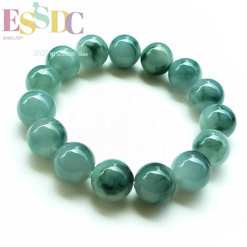 Natural Class A Myanmar Jadeite Ice Waxy Floating Blue Flower Men's And Women's Common Jade Bracelet Single Circle Bead