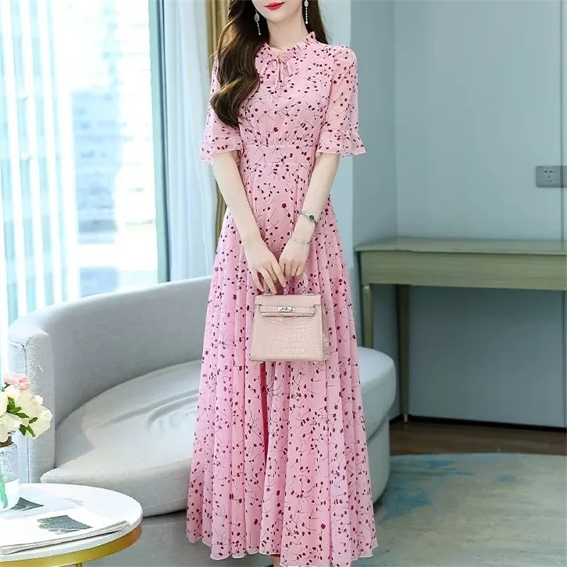 2024 Summer Floral Dresses For Women Korean Party Casual Beach Chiffon Formal Maxi Elegant Spring Long Evening Dress