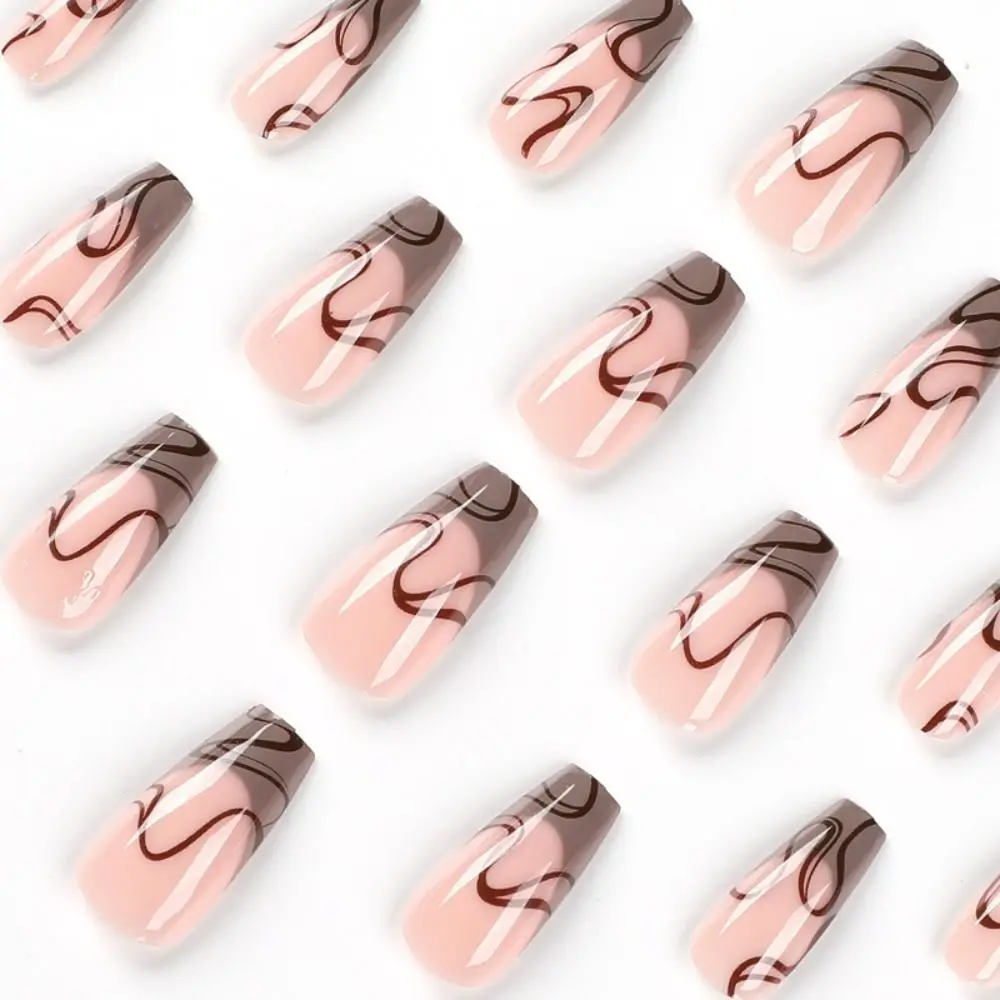 24 Uds manicura línea marrón DIY prensa en uñas bailarina larga gradiente francés negro blanco brillo uñas postizas