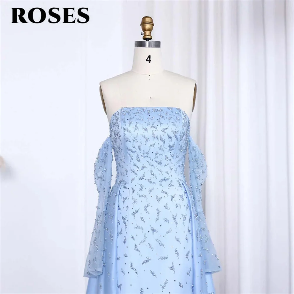 ROSES Blue Elegant Prom Dress Strapless Party Dress Beading Satin Off the Shoulder Mermaid Evening Dress for Woman Customized
