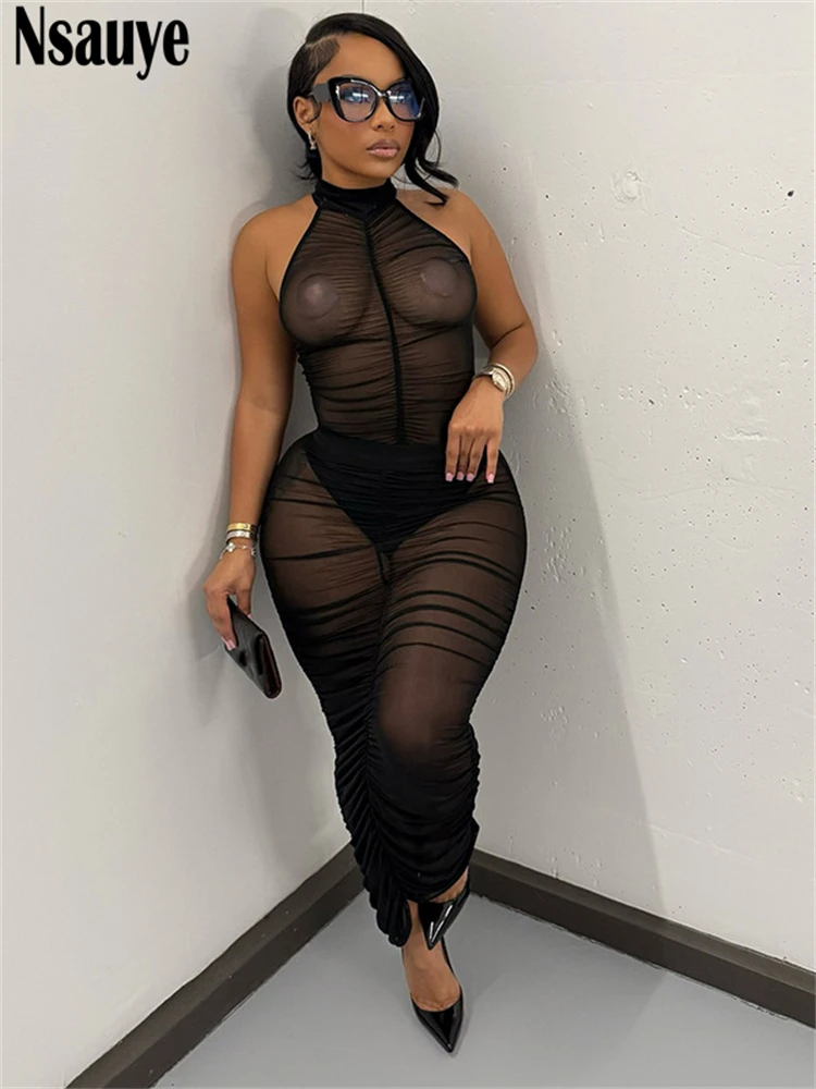 

Nsauye Summer 2025 Fashion High Waisted Sexy Club Bodysuit Tops Ruched Long Dress Skirt New In Matching Two Piece Set Outfits