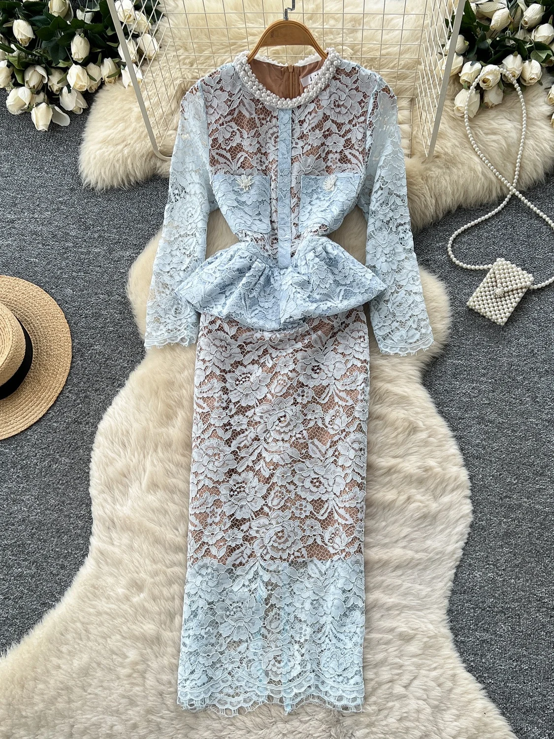 Elegant Lace Trim Long Sleeve Dress High Waist Commute Style Women's Fitted Skirt Autumn Ball Gown Korean Version Polyester F...