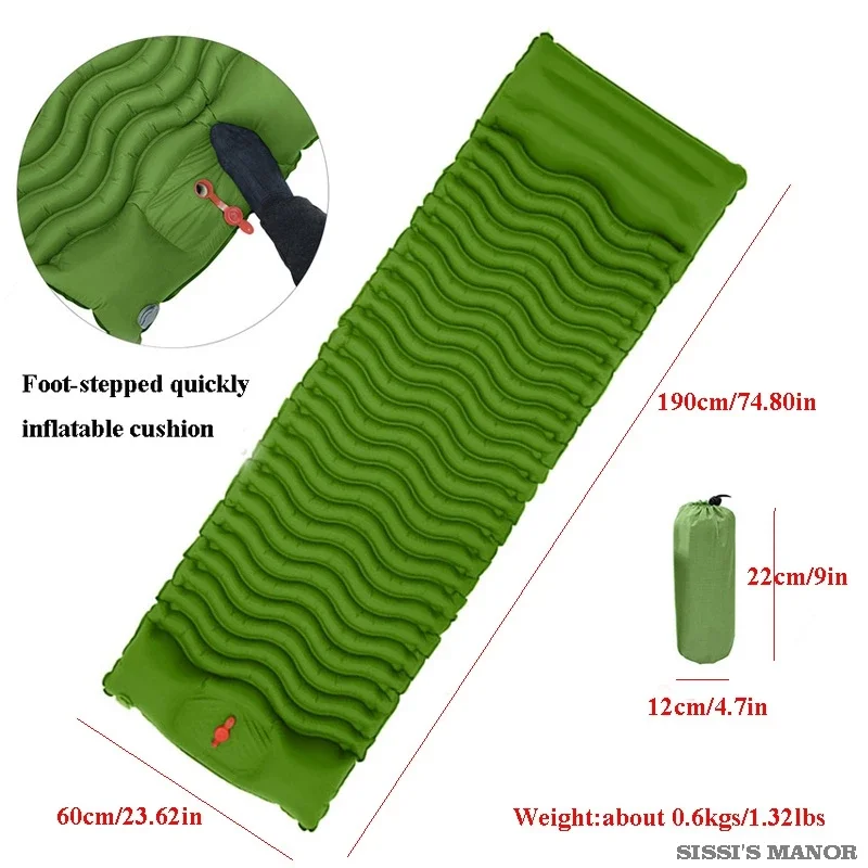 TPU Press Foot-stepped Wave Type Inflatable Cushion Single Portable Ultra-light Camping Beach Mat Damp-proof Pad With Pillow