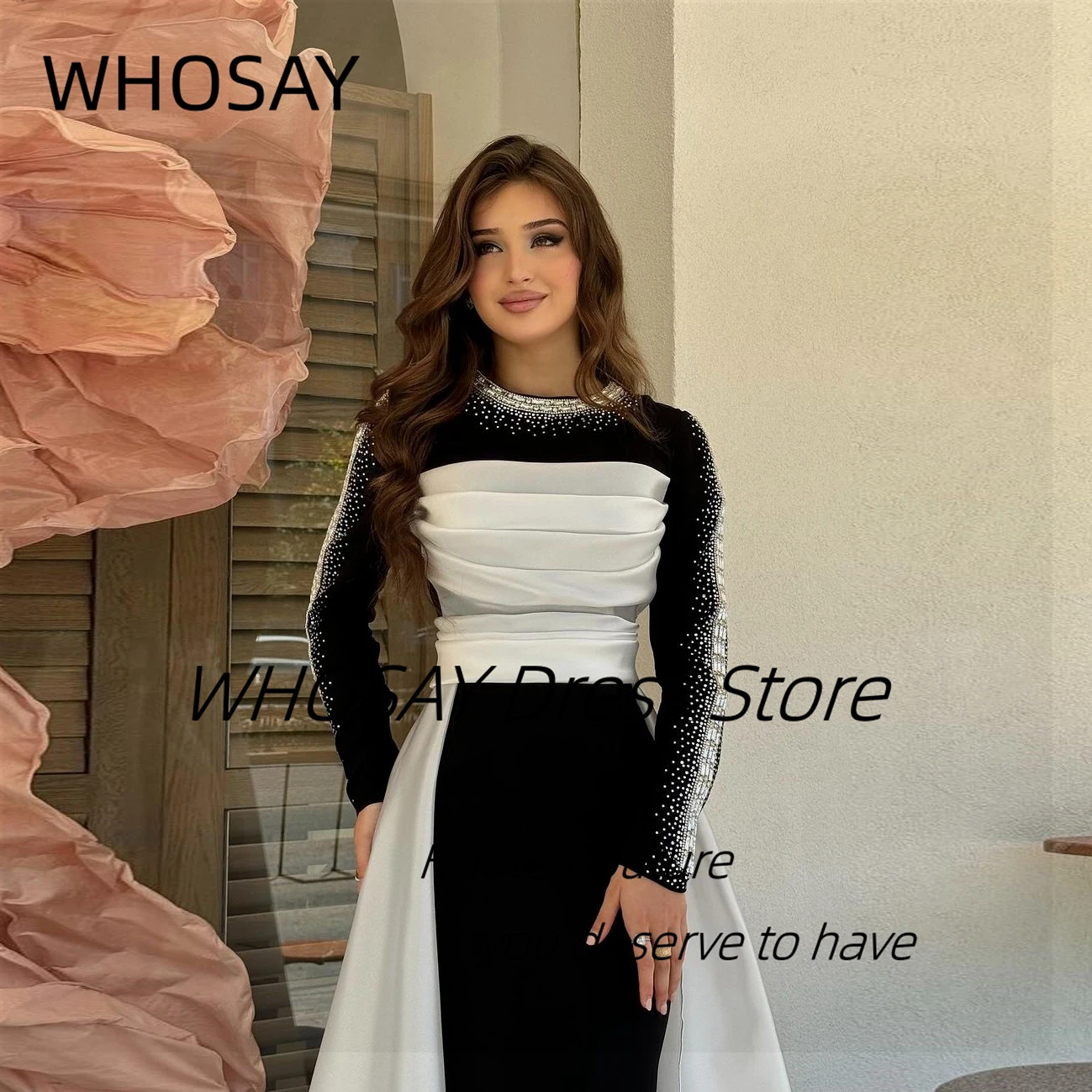 WHOSAY-Vestidos de Noche a medida con cuentas, mangas largas, vestido Formal para ocasiones con sobrefaldas, vestidos de fiesta de graduación, Color de contraste