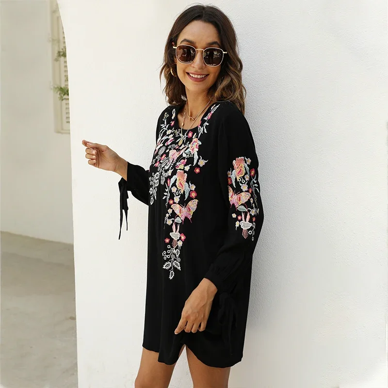 Eaeovni Boho Embroidered Dress for Women Tradition Mexican Peasant Dresses Bohemian Skirts Plus Size Hippie Casual Tunic